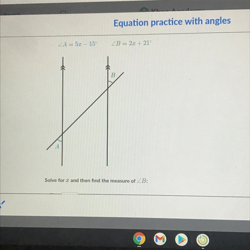 Please solve for X and find the measure of B.-example-1