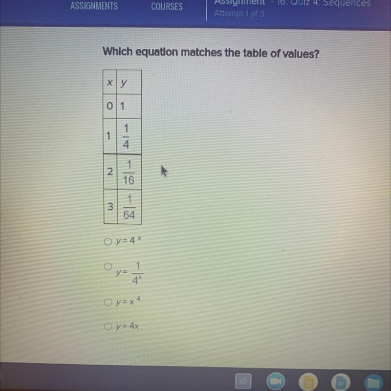 Which equation matches the table of values? y=4^x y = 1/4^x y=x^4 y= 4x-example-1