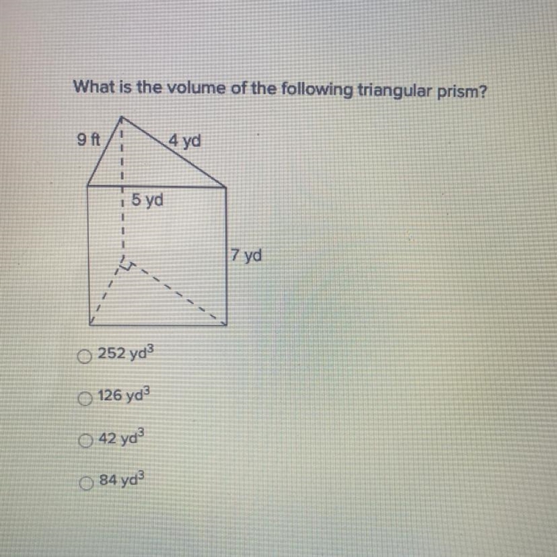 What is the volume of the following triangular prism? 252 yd 126 yd 42 yd-example-1