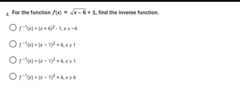 For the function f(x)= √x-6 +1, find the inverse function.-example-1