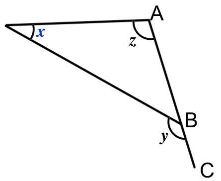 A, B and C lie on a straight line. Given that angle y = 128° and angle z = 91°, work-example-1