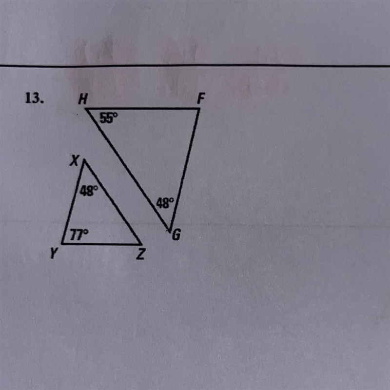 Determine whether the triangles can be proved similar. If they are similar, write-example-1