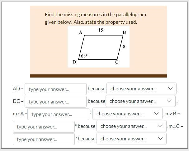 Find the missing measures in the parallelogram given below. Also, state the property-example-1