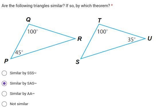 Are the following triangles similar? If so, by which theorem?-example-1