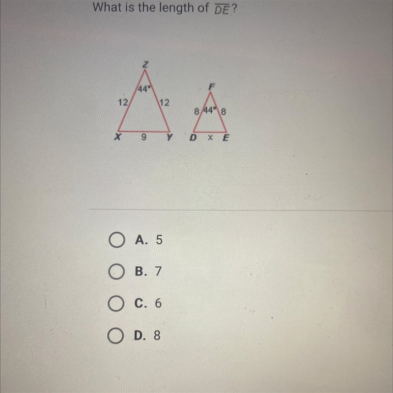 What is the length of DE? A. 5 B. 7 C. 6 D. 8-example-1