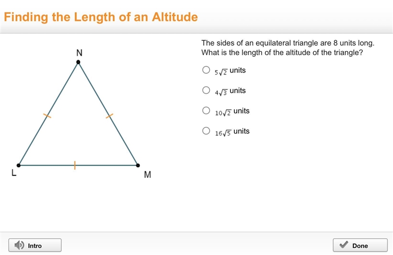 The sides of an equilateral triangle are all 8 units long. What is the length of the-example-1