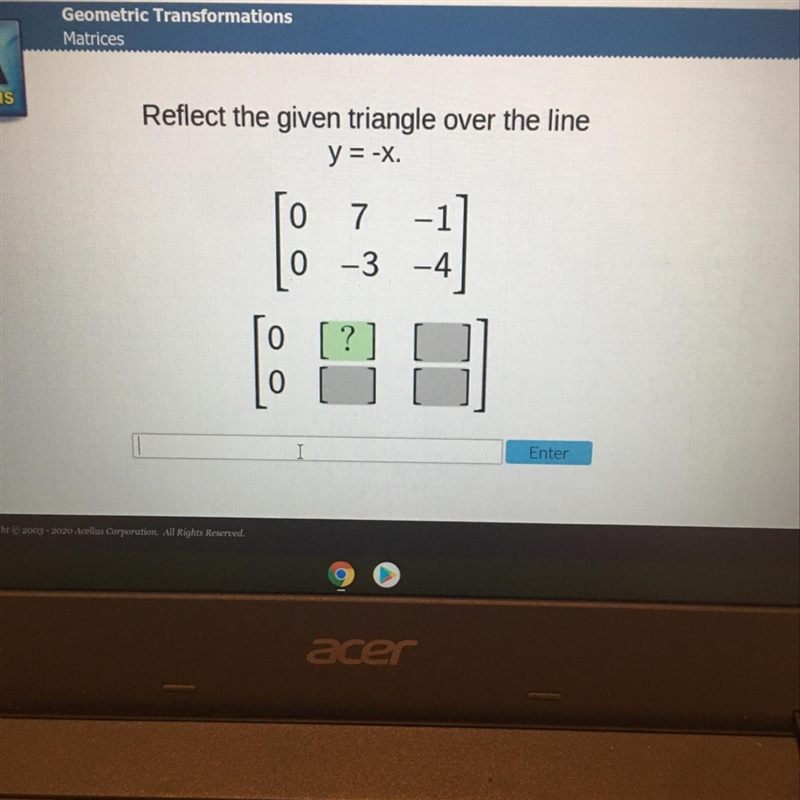 Reflect the given triangle over the liney = -x.Geometric Transformations(matrices-example-1