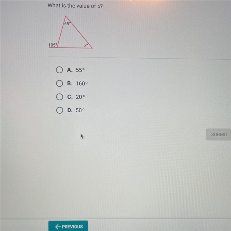 What is the value of X? A. 55° B. 1600 C. 200 D. 50°-example-1