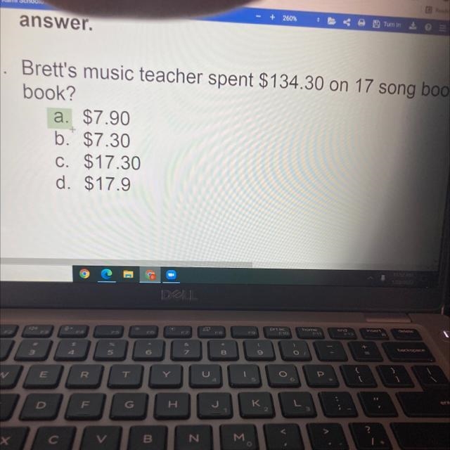 Brett's music teacher spent $134.30 on 17 song books. What is the cost per book? a-example-1