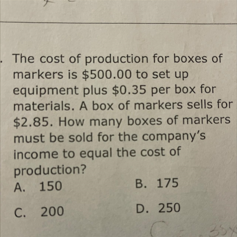 How many boxes of markers must be sold for the company’s income to equal the cost-example-1