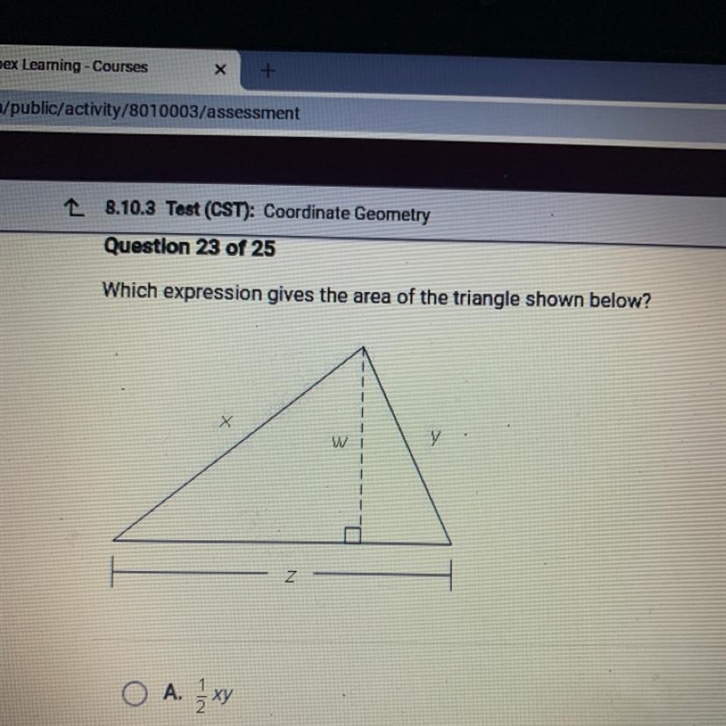 Which expression gives the area of the triangle shown below?-example-1