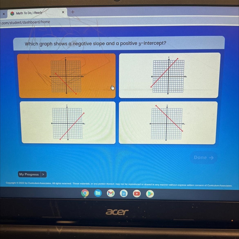 Which graph shows a negative slope and a positive y-intercept?-example-1