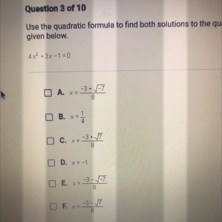 Use the quadratic formula to find both solutions to the quadratic equation given below-example-1