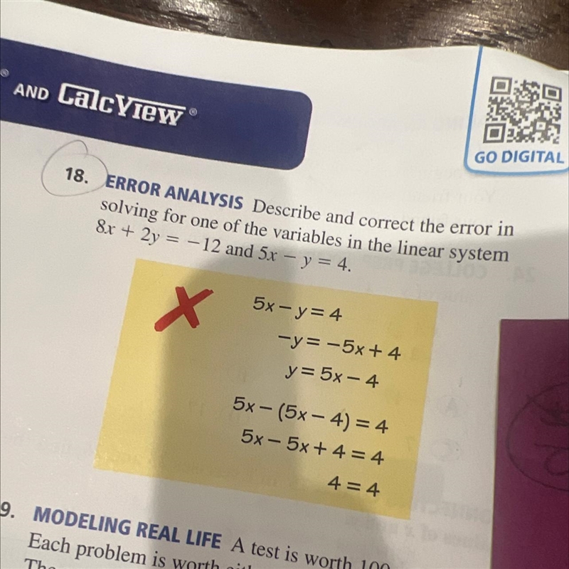 ERROR ANALYSIS Describe and correct the error ir solving for one of the variables-example-1