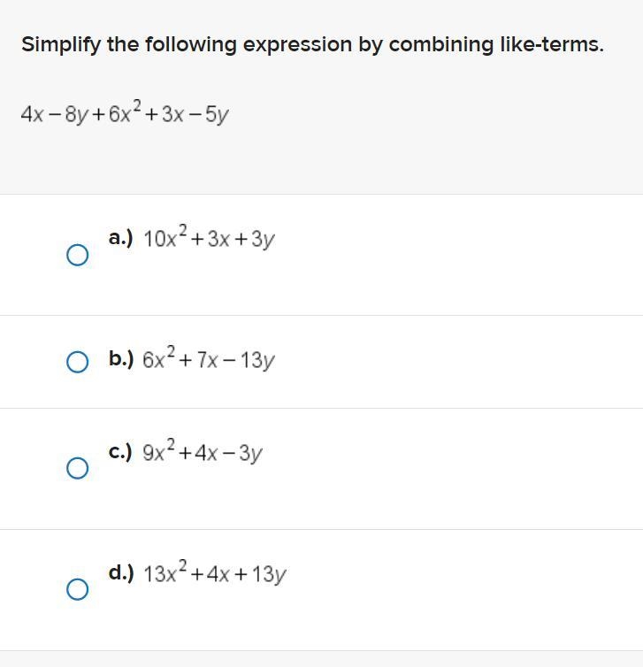 Please help! Simplify the following expression by combining like-terms.-example-1