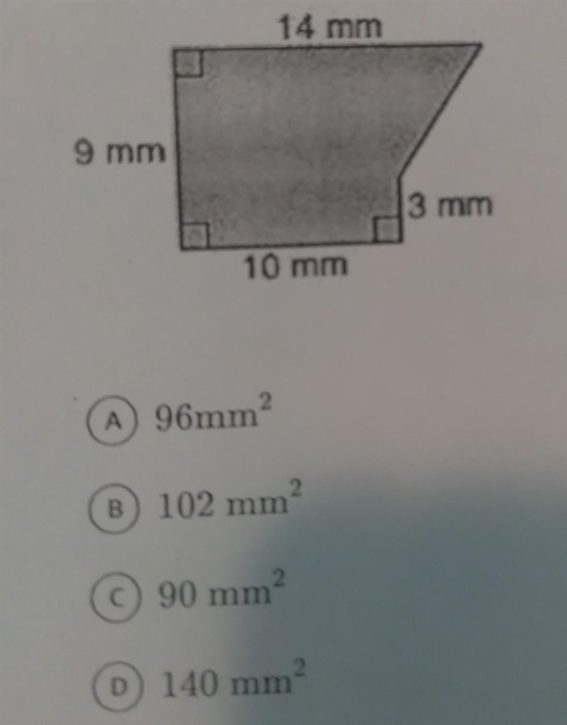 Find the area of the figure shown below and choose the appropriate result. 14 mm 9 mm-example-1