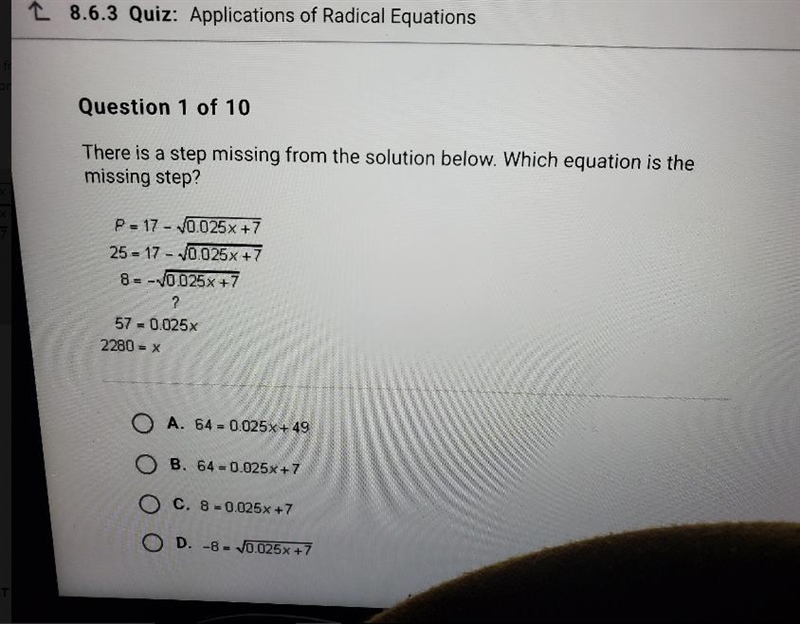 There is a step missing from the solution. Which equation is the missing step?-example-2