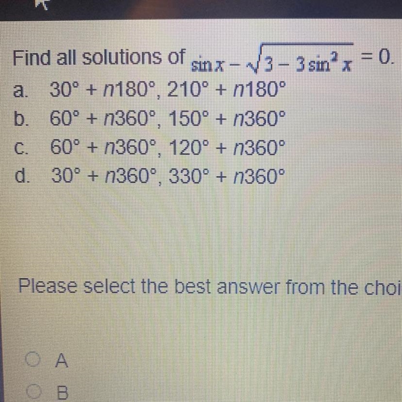 Find all solutions of sin x - square 3-3 sin^2x=0-example-1