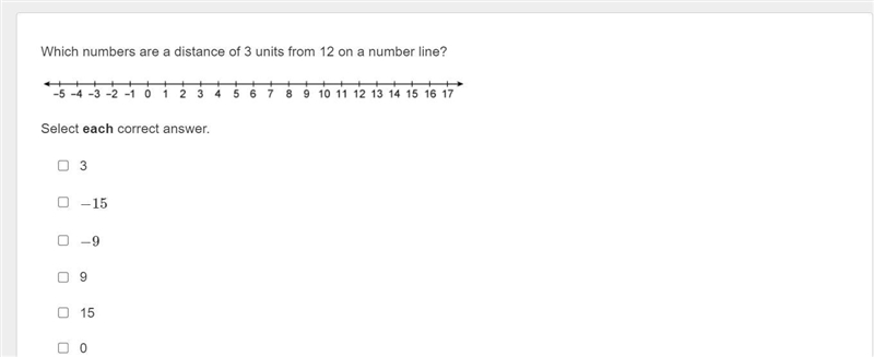 Which numbers are a distance of 3 units from 12 on a number line? Select each correct-example-1