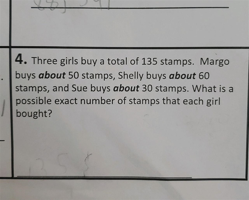 4. Three girls buy a total of 135 stamps. Margo buys about 50 stamps, Shelly buys-example-1