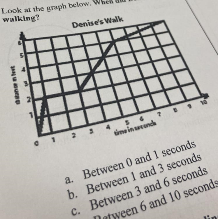 Look at the graph below when did Denise stop walking? A.between 0 and 1 second B. Between-example-1