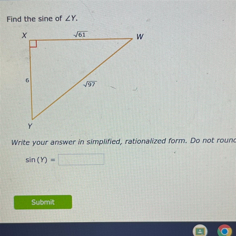 Find the sine of y. write your answer in simplified, rationalized form. do not round-example-1