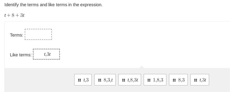 Identify the terms and like terms in the expression.-example-1