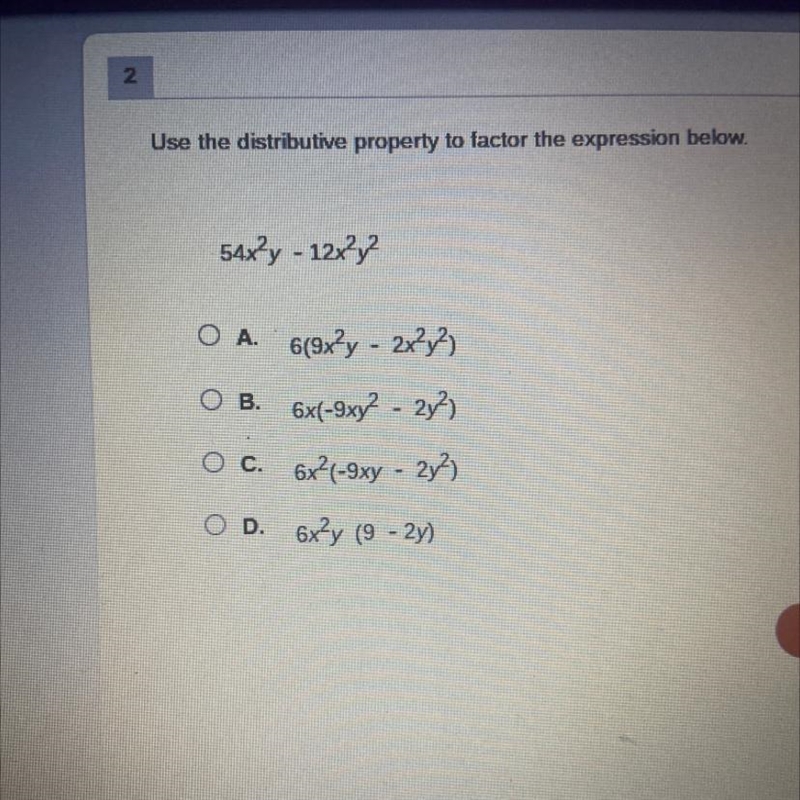 Use the distributive property to factor the expression below. 54x²y - 12x²y²-example-1