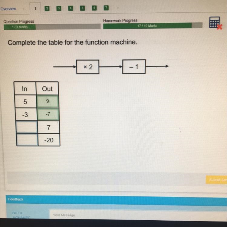 X2 - 1 In Out 5 9 -3 -7 7 -20-example-1