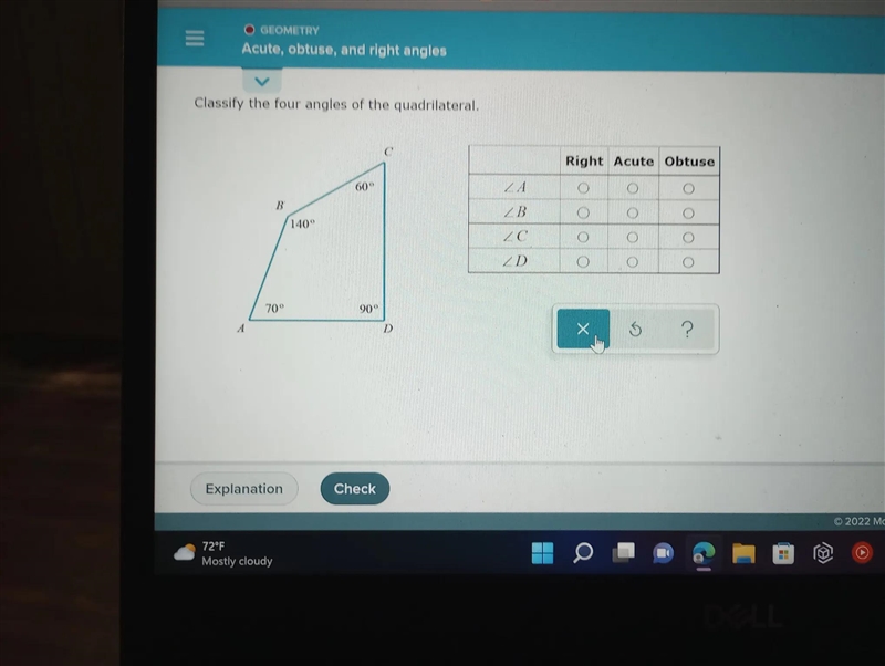 Classify the four angles of the quadrilateral. A B 70° 140° 60° 90° с D ZA LB ZC ZD-example-1