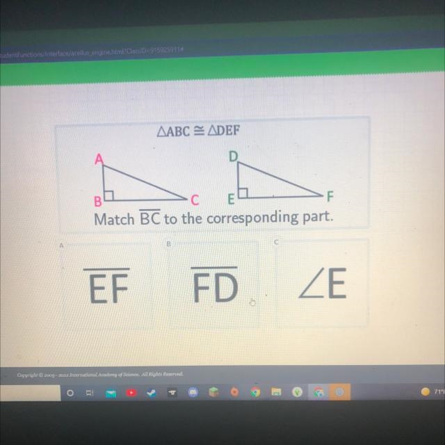 Help I need the awnser asap AABC = ADEF B C E F Match BC to the corresponding part-example-1