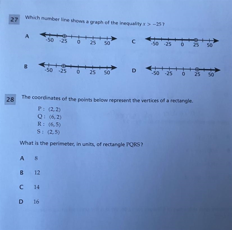 A) Which number line shows a graph of the inequality x > -25 B) the coordinates-example-1