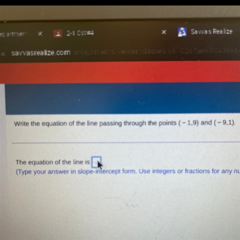 Write the equation of the line passing through the points (-1,9) and (-9,1). The equation-example-1