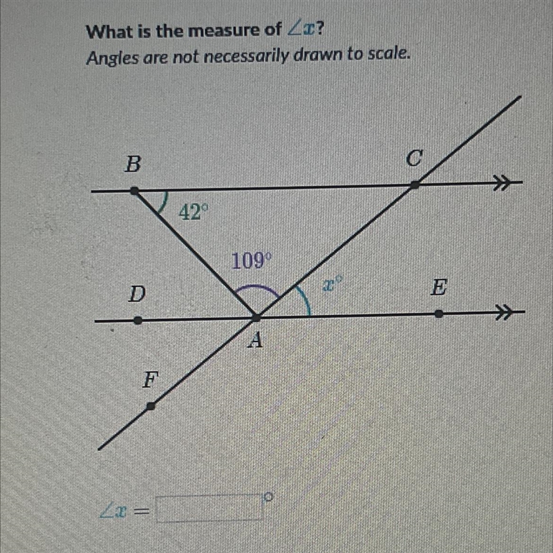 What is the measure of Zx? Angles are not necessarily drawn to scale. B D F 42° 109⁰ A-example-1