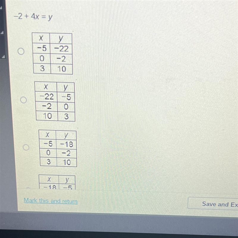 Which table can be created using the equation below? -2 + 4x = y X y -5-22 0 3 X y-example-1