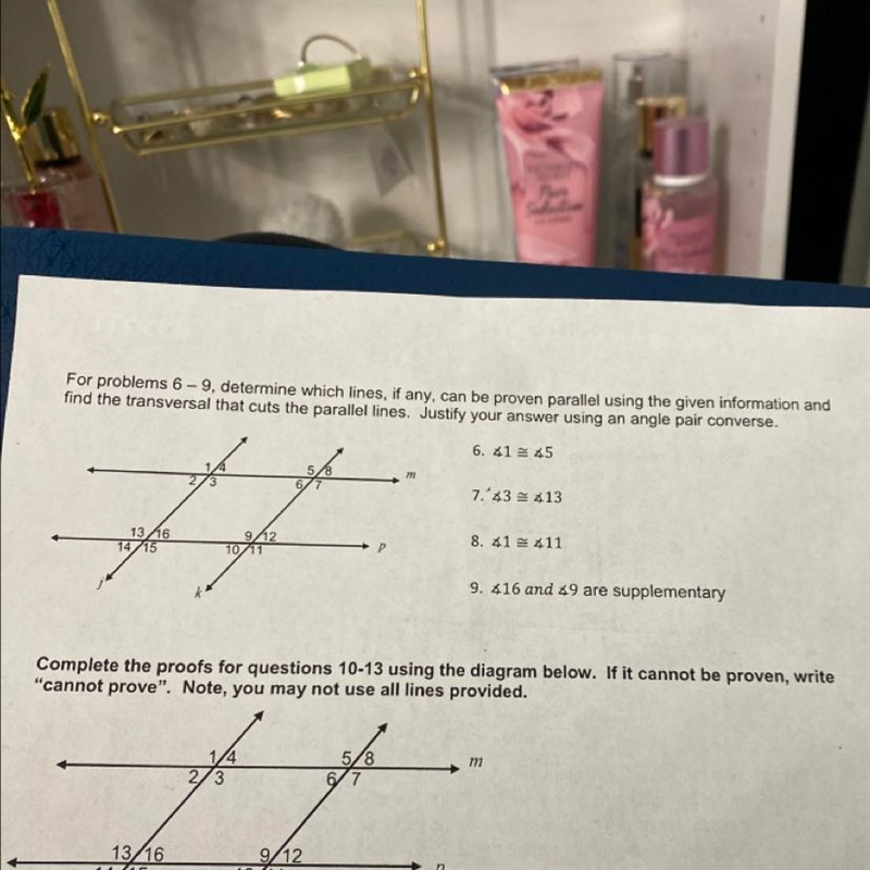 For problems 6-9, determine which lines, if any, can be proven parallel using the-example-1