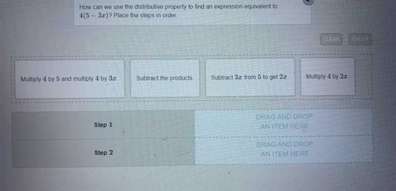 How can we use the distributive property to find an expression equivalent to 4(5 - 3x-example-1