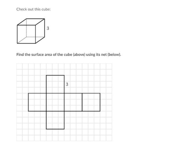 Find the surface area of the cube (above) using its net (below).-example-1