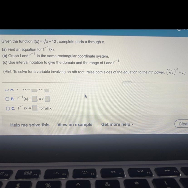 Given the function F(x)= square root(x-12) complete parts A, B, and C-example-1