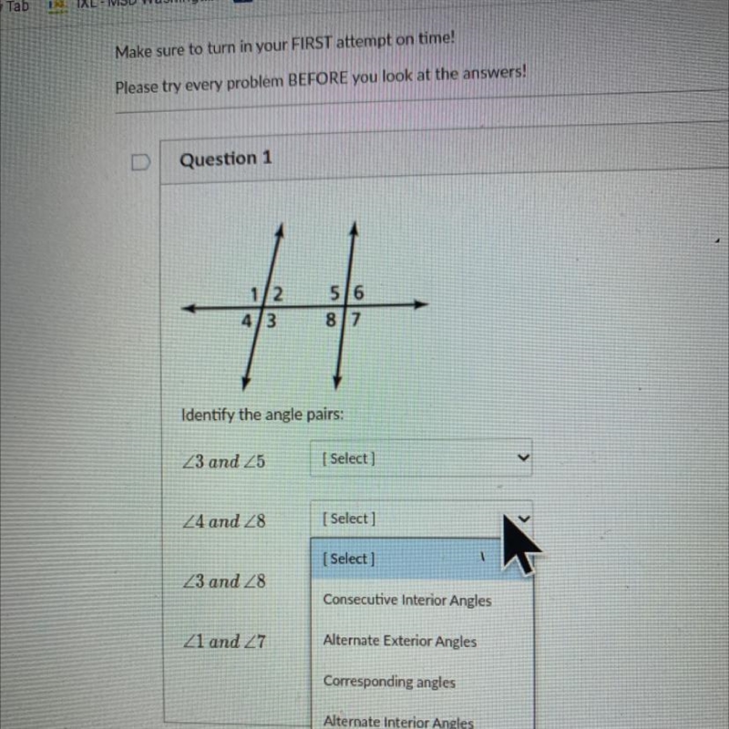 Identify the angle pairs for <3 and <5<4 and <8<3 and <8<1 and-example-1