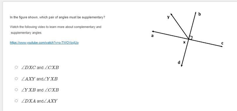 In the figure shown, which pair of angles must be supplementary?-example-1