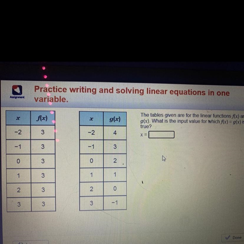 The tables given are for the linear functions f(x) and g(x) What is the input value-example-1