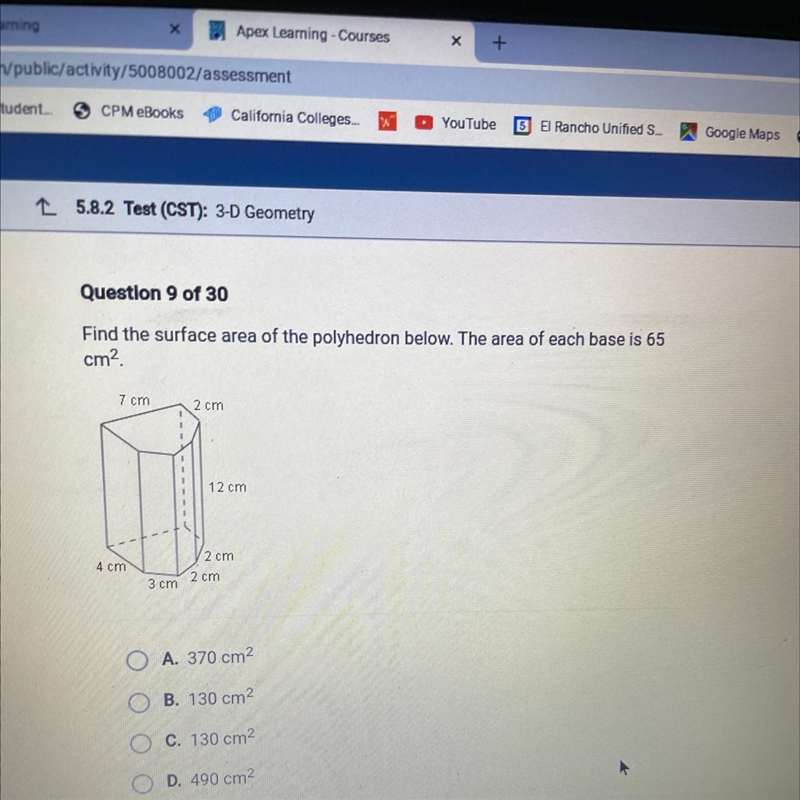 Question 9 of 30 Find the surface area of the polyhedron below. The area of each base-example-1