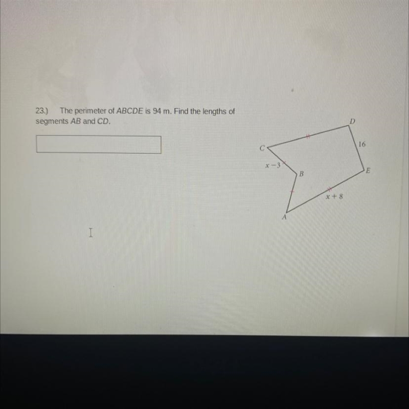 The perimeter of ABCDE is 94 m. Find the lengths of segments AB and CD.-example-1