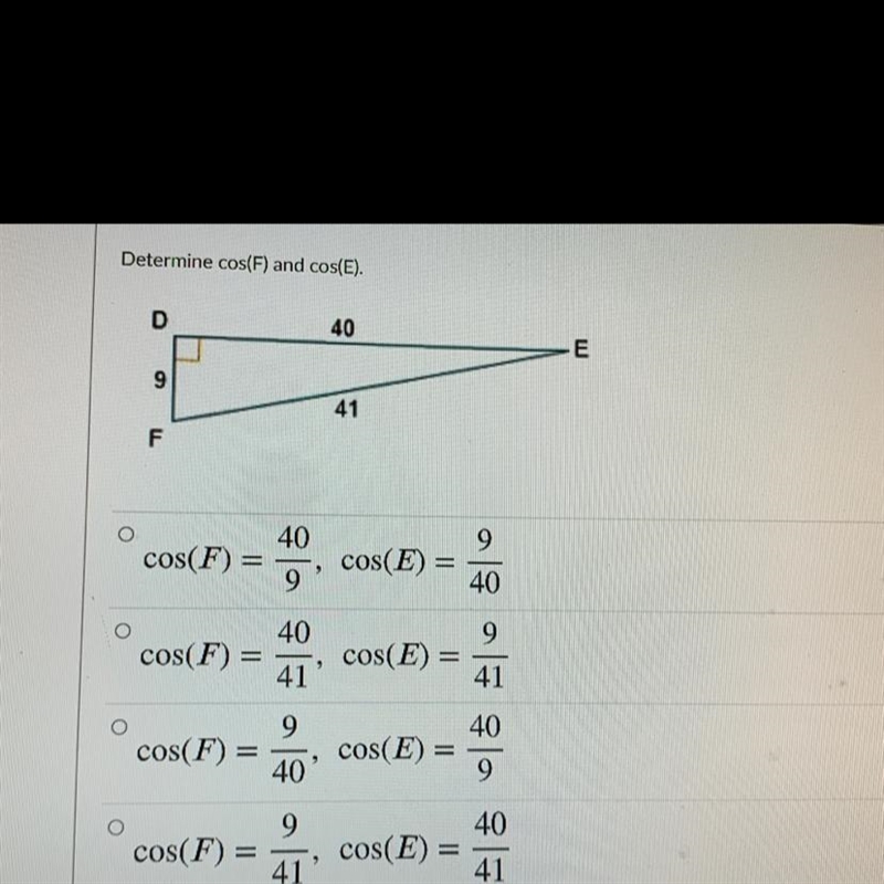 Determine cos(F) and cos(E).-example-1