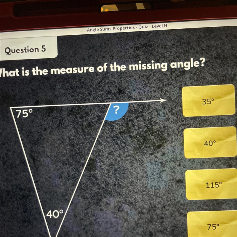 What is the measure of the missing angle?-example-1