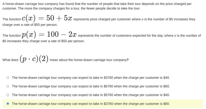 A horse-drawn carriage tour company has found that the number of people that take-example-1