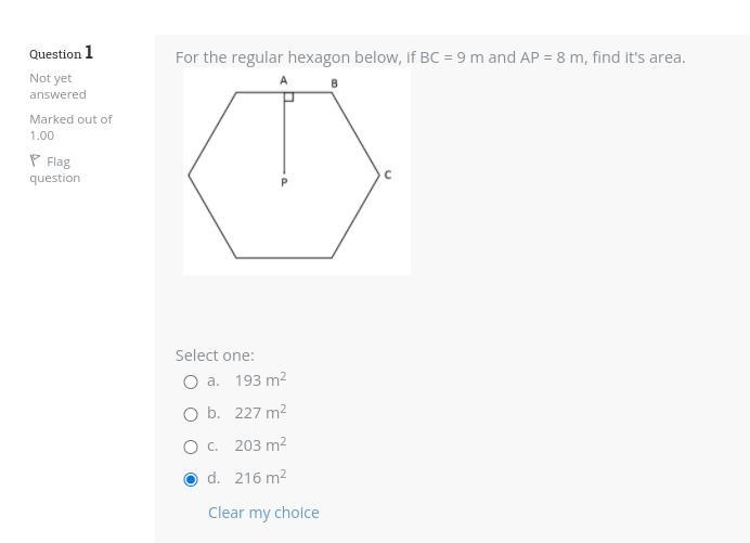 For the regular hexagon below, if BC = 9 m and AP = 8 m, find it's area.-example-1