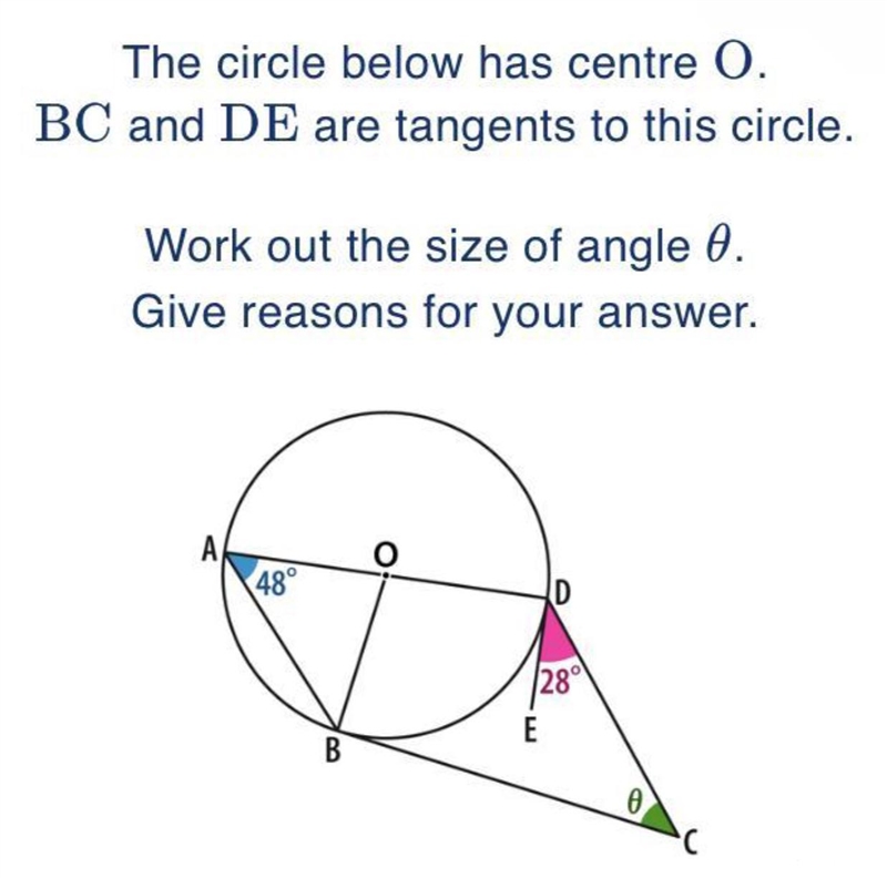 Work out the size of angle 0. Give reasons for your answer.-example-1