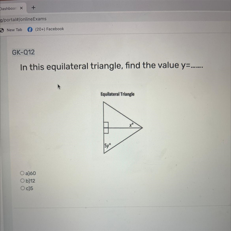 In this equilateral triangle, find the value y=....... Equilateral Triangle O a)60 Ob-example-1